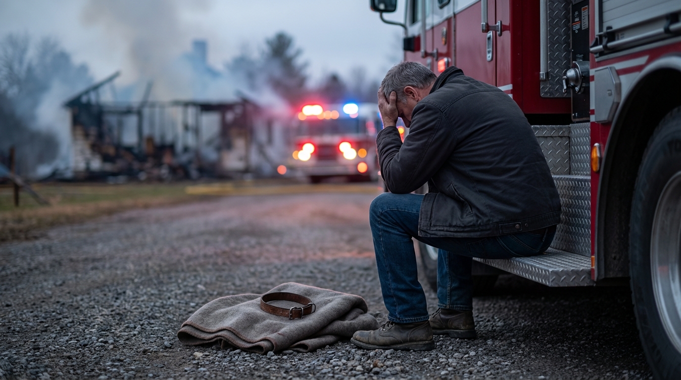 Un homme assis sur les marches d'un camion de pompiers, la tête dans les mains, avec à ses pieds un collier de chien symbolisant sa perte.