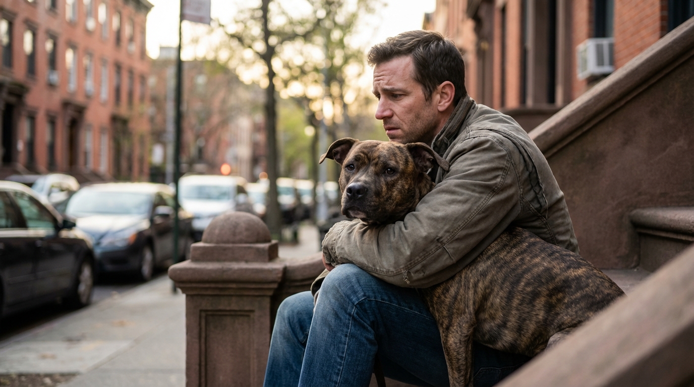 Un homme au regard déterminé protège tendrement son chien de type Pitbull dans ses bras, dans une rue de la ville.