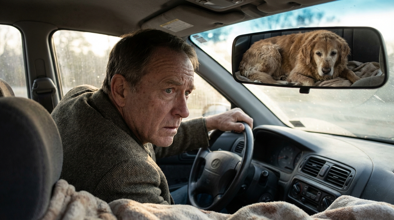 Un homme âgé caresse doucement son chien visiblement souffrant, assis sur la banquette arrière d'une voiture, illustrant l'amour inconditionnel.