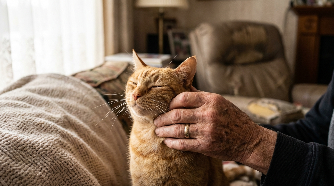 Un homme âgé caresse tendrement son chat roux, retrouvé après 14 ans d'absence, symbolisant leurs émouvantes retrouvailles.