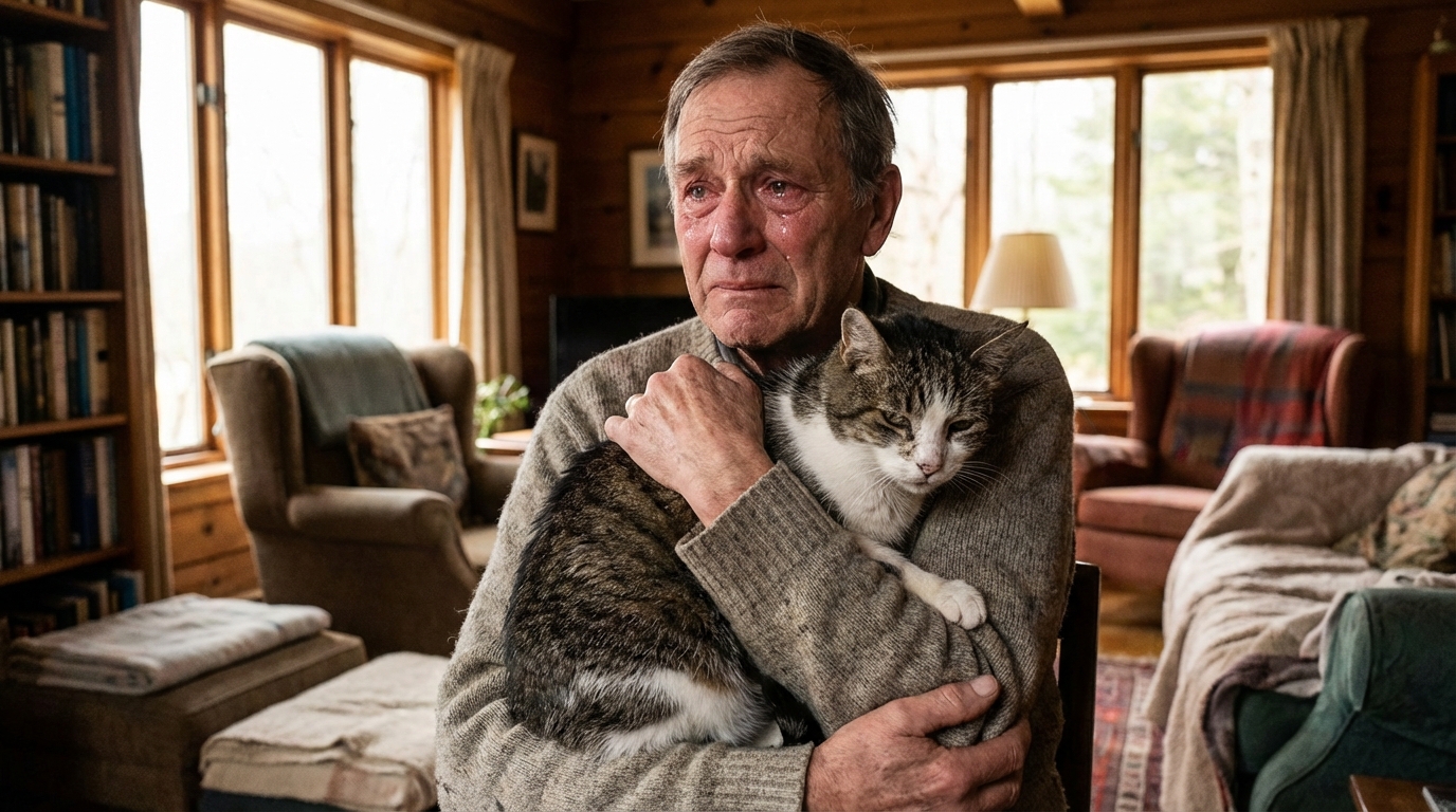 Un homme d'âge mûr, ému, serre tendrement dans ses bras un vieux chat tigré qui semble apaisé et reconnaissant.