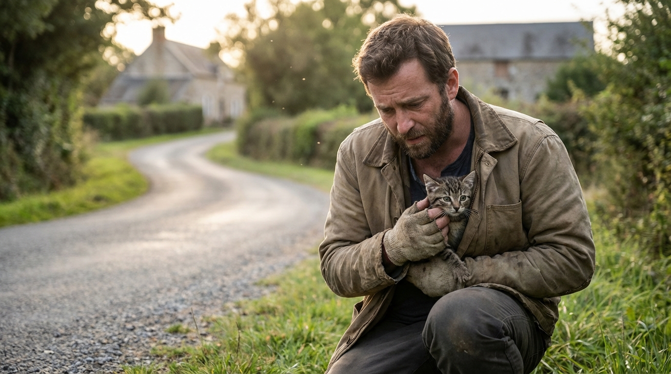 Un homme au grand cœur s'agenouille pour secourir un petit chat tigré blessé, blotti sur le bas-côté d'une route de campagne.