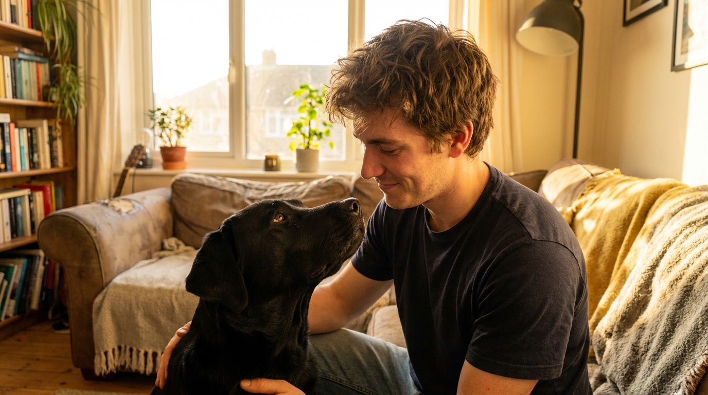 Un jeune homme assis sur l'herbe regarde avec une profonde affection son Labrador noir, qui lui rend son regard avec confiance et amour.