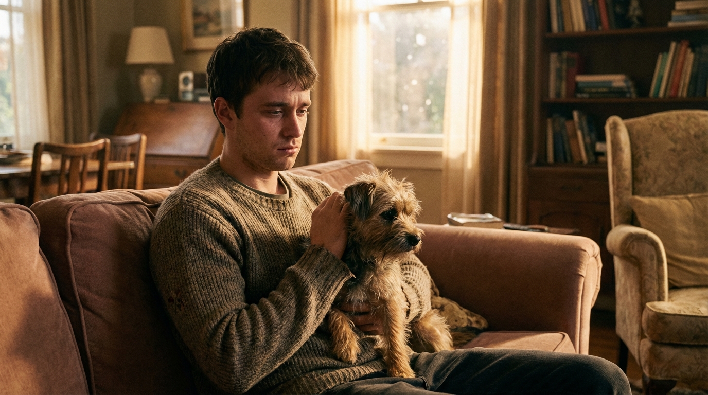 Un jeune homme au visage grave serre un petit chien dans ses bras, illustrant la controverse suite à la mise en scène de sa disparition.