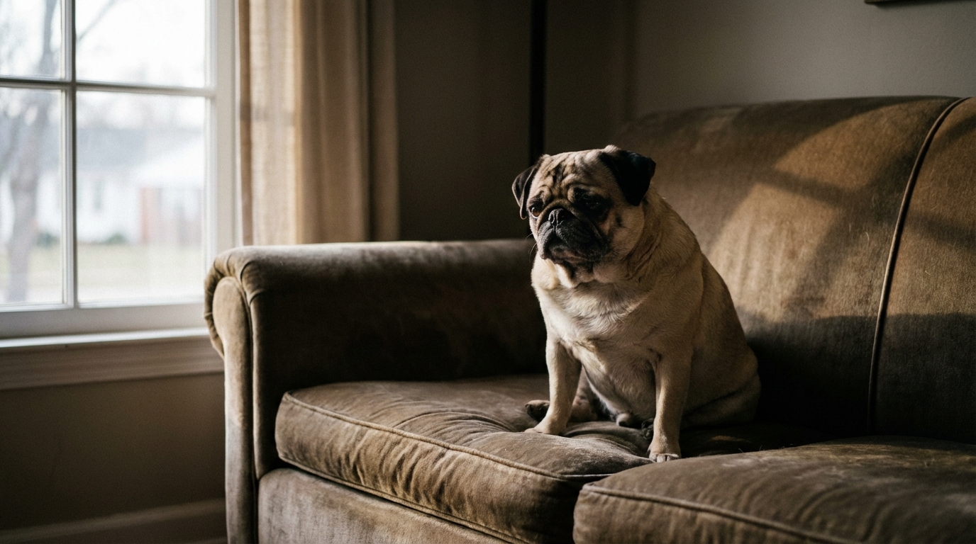 Un carlin triste regarde la caméra, symbolisant la trahison d'un influenceur qui a menti sur son kidnapping.