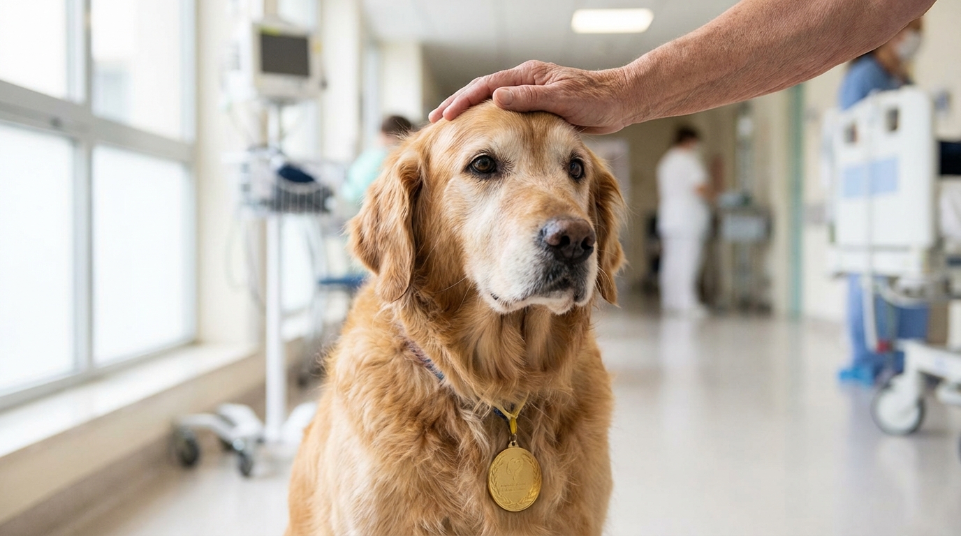 Un labrador doré d'un certain âge, portant une médaille, regarde avec tendresse une personne dans un centre de soin lumineux.