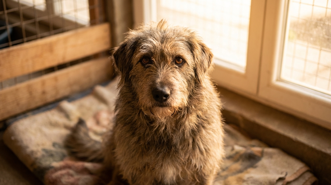 Un chien au regard doux et triste dans un refuge, symbolisant la mémoire de Kapo et la lutte contre la cruauté animale.