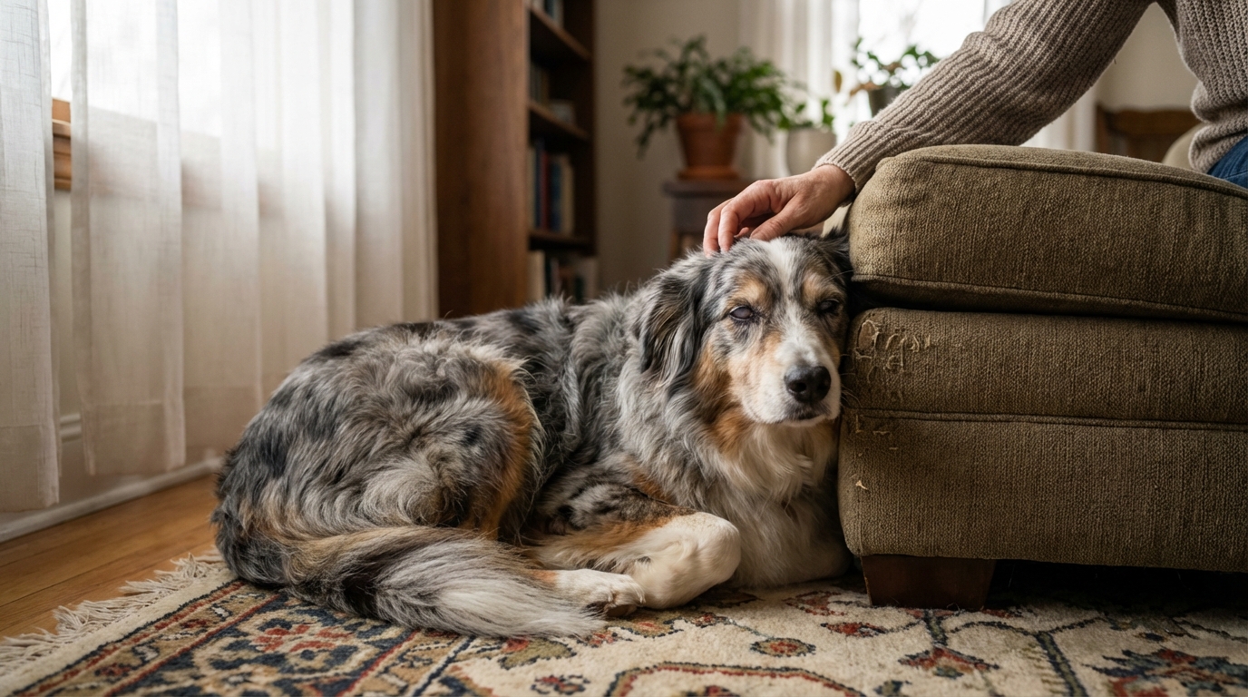 Une chienne âgée de type berger australien, heureuse et détendue, recevant une caresse de sa nouvelle propriétaire dans un salon chaleureux.