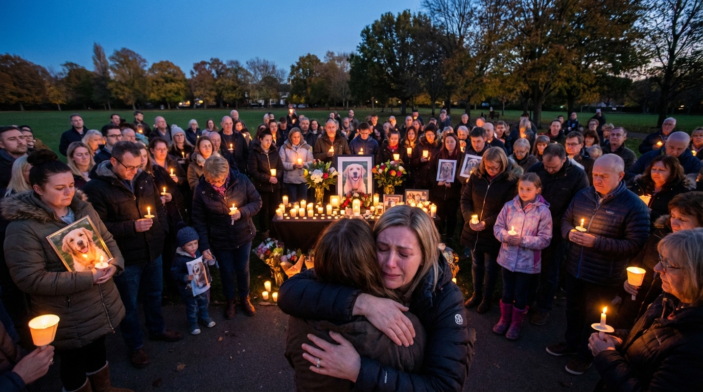 Une foule de manifestants au Brésil tenant des pancartes avec des photos du chien Orelha, réclamant justice pour l'animal.