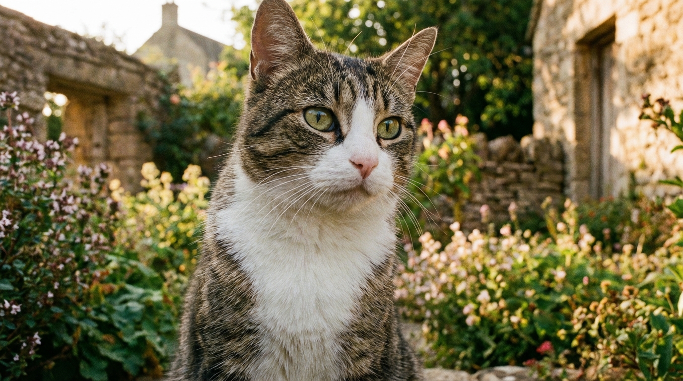 Mistigry, un chat tigré et blanc d'un certain âge, regarde l'objectif avec sagesse, symbole des retrouvailles inespérées.