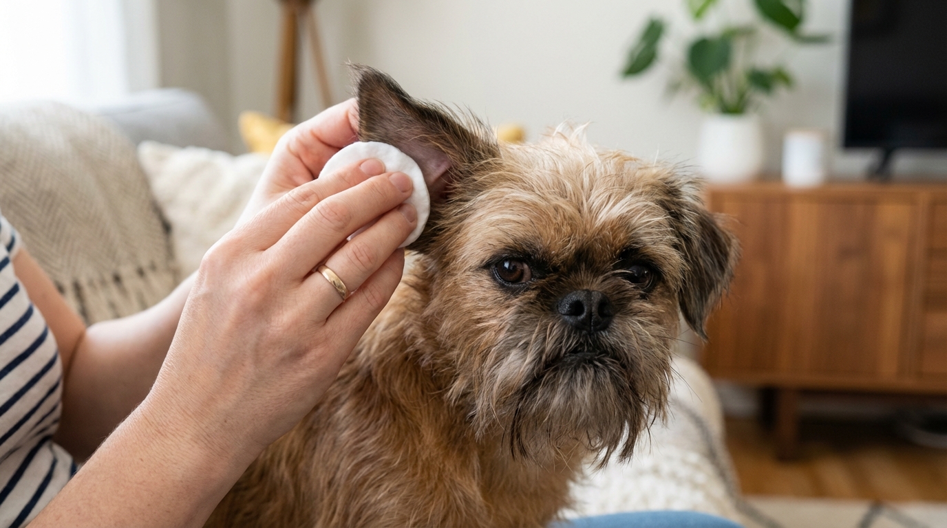 Une main nettoie délicatement l'oreille d'un chien Griffon, illustrant les bonnes pratiques d'hygiène canine pour une santé optimale.