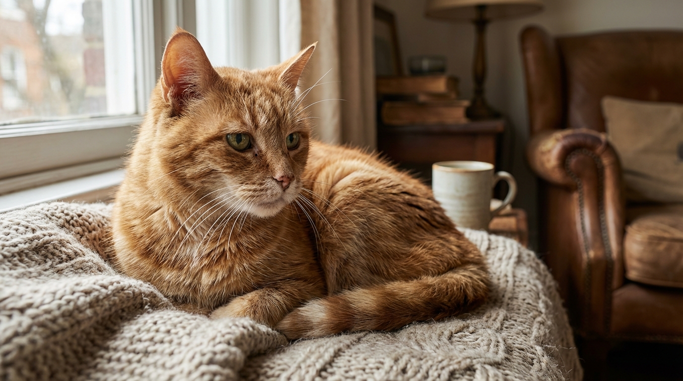 Niro, un magnifique chat roux de 8 ans au regard tendre, est assis et regarde l'objectif, attendant une famille aimante.