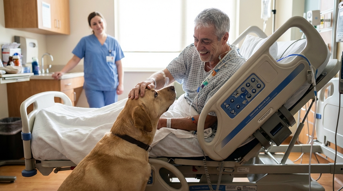 Un patient alité dans une chambre d'hôpital sourit tendrement en caressant son chien, assis sagement près du lit de réanimation.
