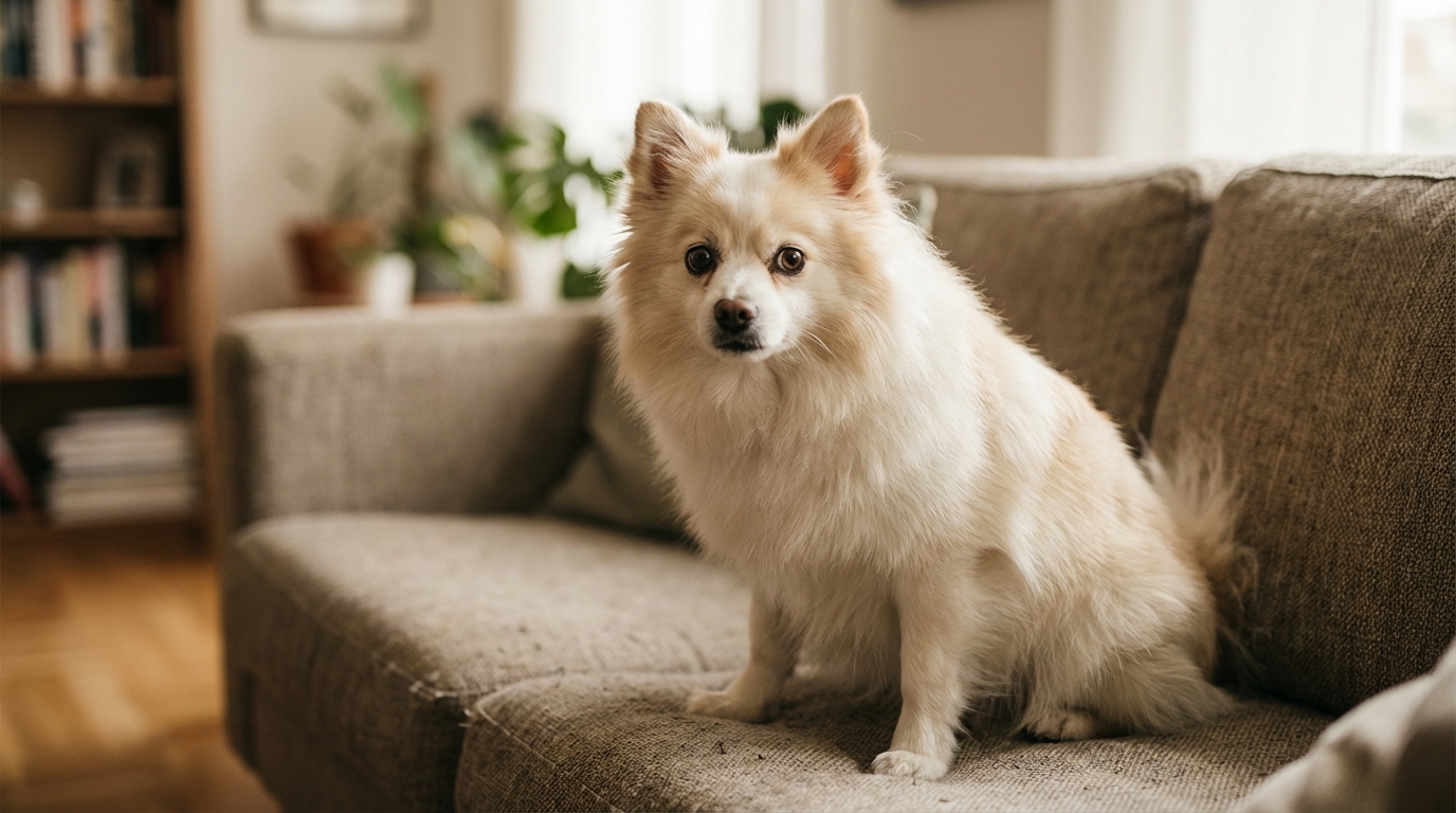 Le petit chien Albert, au centre de la polémique, regardant la caméra avec confiance, sans se douter du mensonge de son maître.