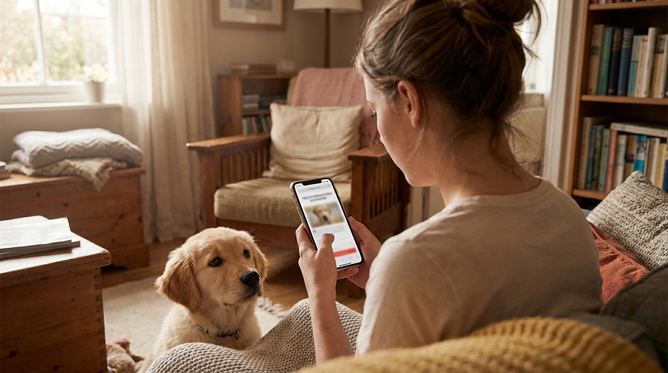 Une personne signe une pétition en ligne sur son smartphone pour soutenir la cause animale, avec un chien au regard triste en arrière-plan.
