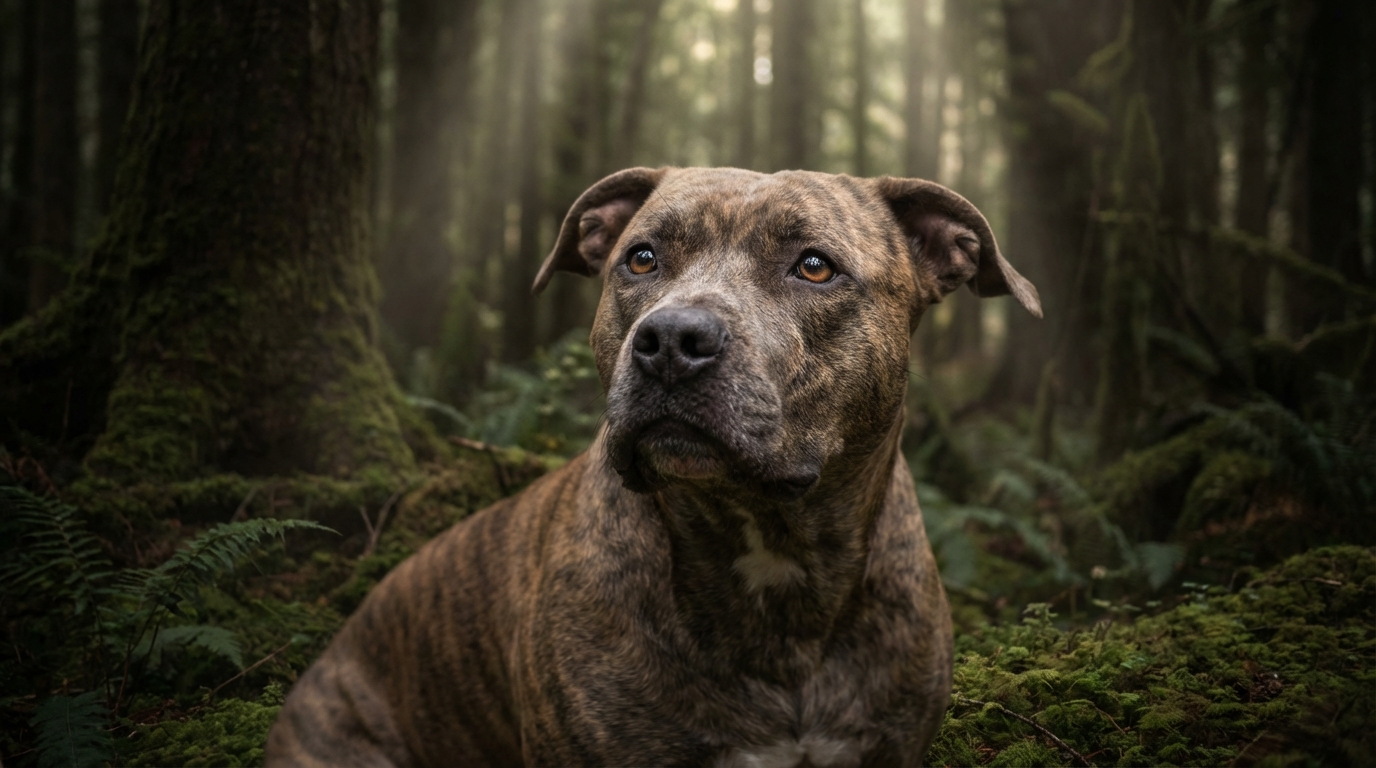 Un American Pitbull Terrier, Curtis, assis dans une forêt sombre, regarde avec une expression triste et interrogative, évoquant le mystère de l'affaire Pilarski.