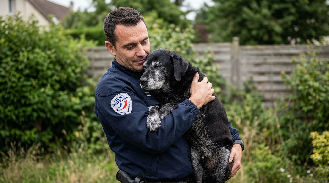 Un policier en uniforme français tient tendrement dans ses bras un vieux chien Labrador noir qui semble endormi, apaisé après son sauvetage.