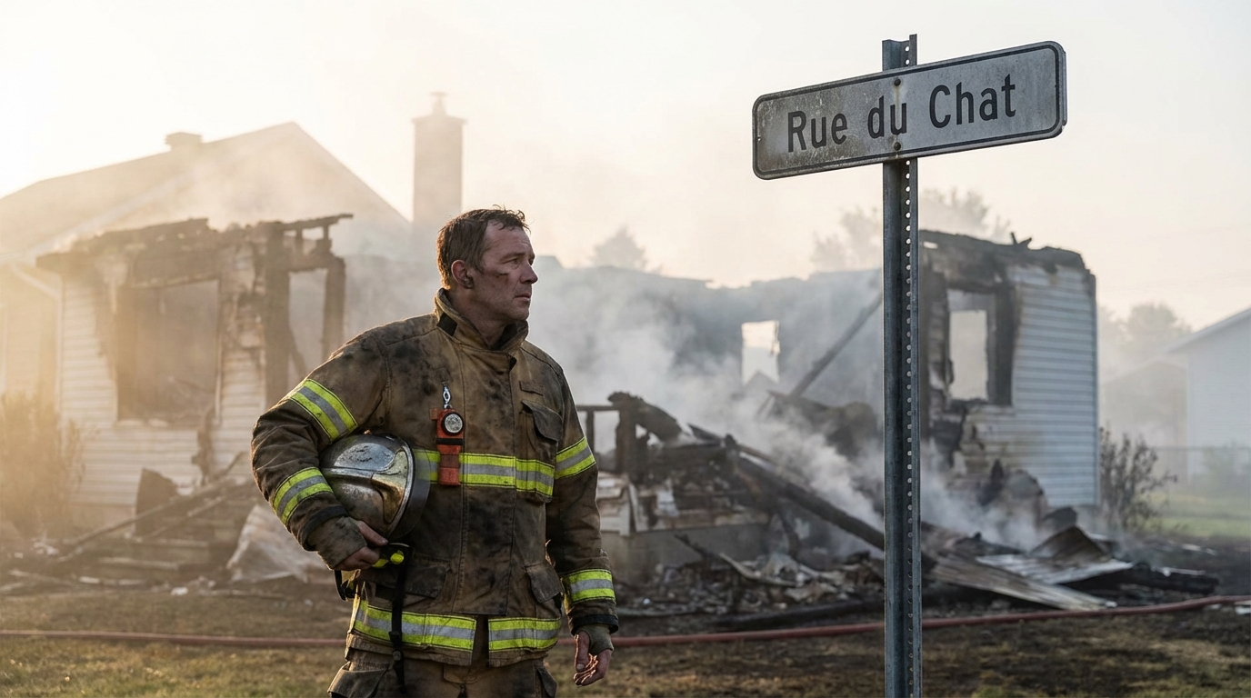 Un pompier en tenue se tient devant une maison dont le toit est détruit par le feu, regardant un panneau de rue indiquant 'Rue du Chat'.