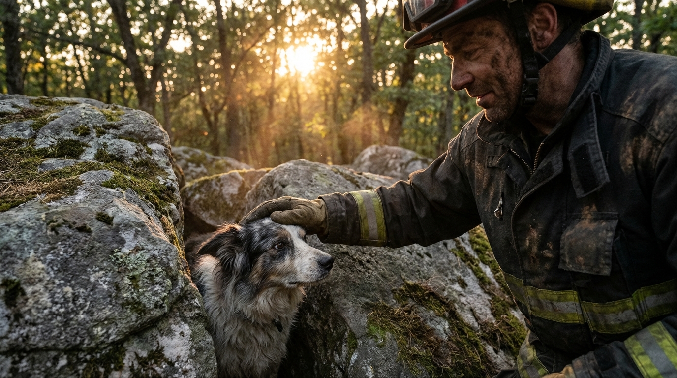 Un pompier réconforte un chien tout juste libéré d'un éboulement de pierres, montrant le lien entre sauveteur et animal.