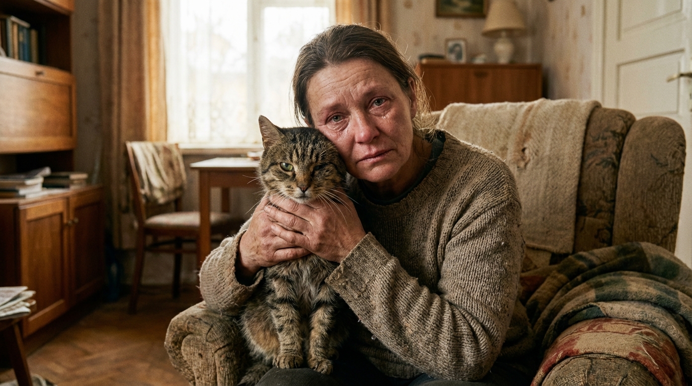 Une femme au regard triste et déterminé serre tendrement contre elle un chat à l'air fragile, illustrant le drame d'une protectrice d'animaux.