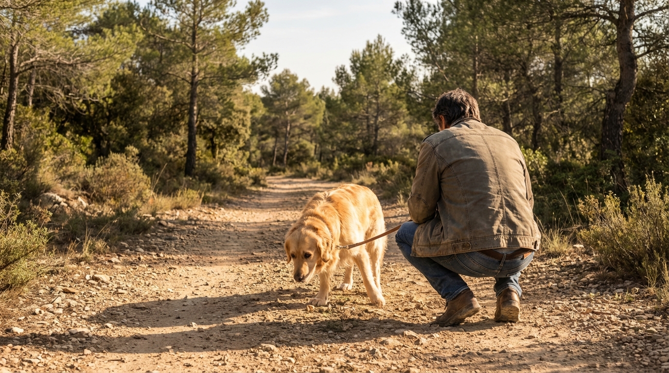 Un chien de type golden retriever tenu en laisse courte par son maître dans un chemin de terre ensoleillé en Provence.