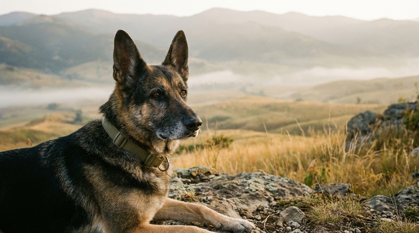 Ralph, un courageux berger allemand, regarde l'objectif avec un air doux avant sa blessure en Ukraine.