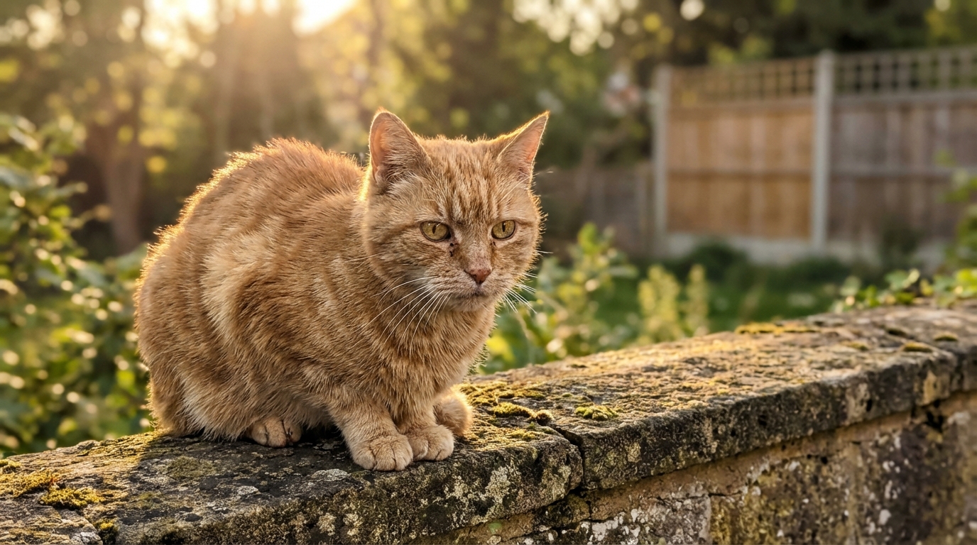 Un chat roux au regard curieux, assis dans un jardin, symbolisant l'histoire de Rémi, au centre d'un conflit de voisinage.