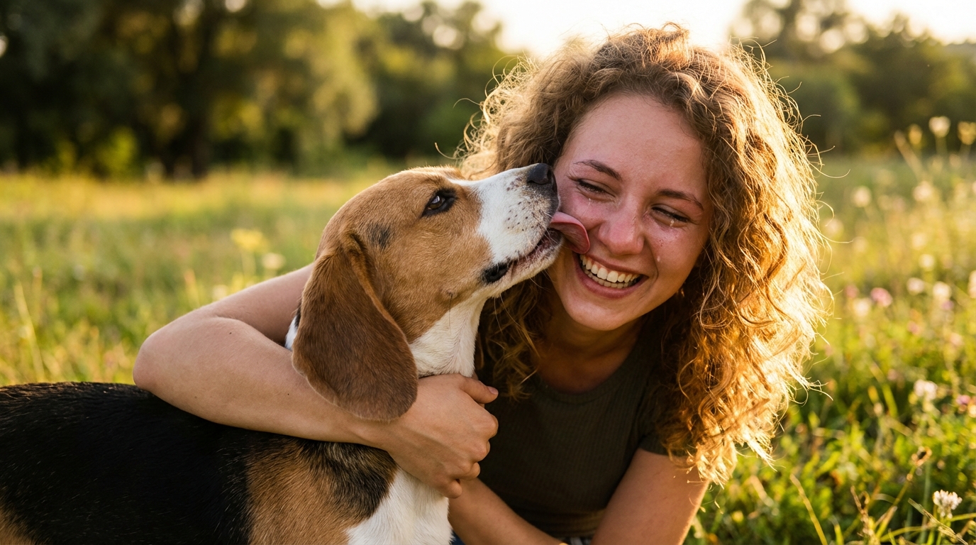 Une jeune femme serre dans ses bras son chien Beagle, les yeux remplis de larmes de joie lors de leurs retrouvailles émouvantes.
