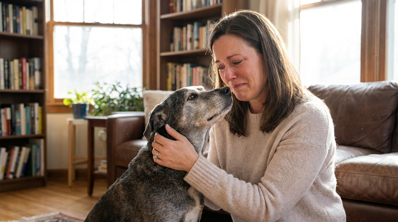 Un chien senior, visiblement ému, est tendrement caressé par ses propriétaires lors de leurs retrouvailles après une longue absence.