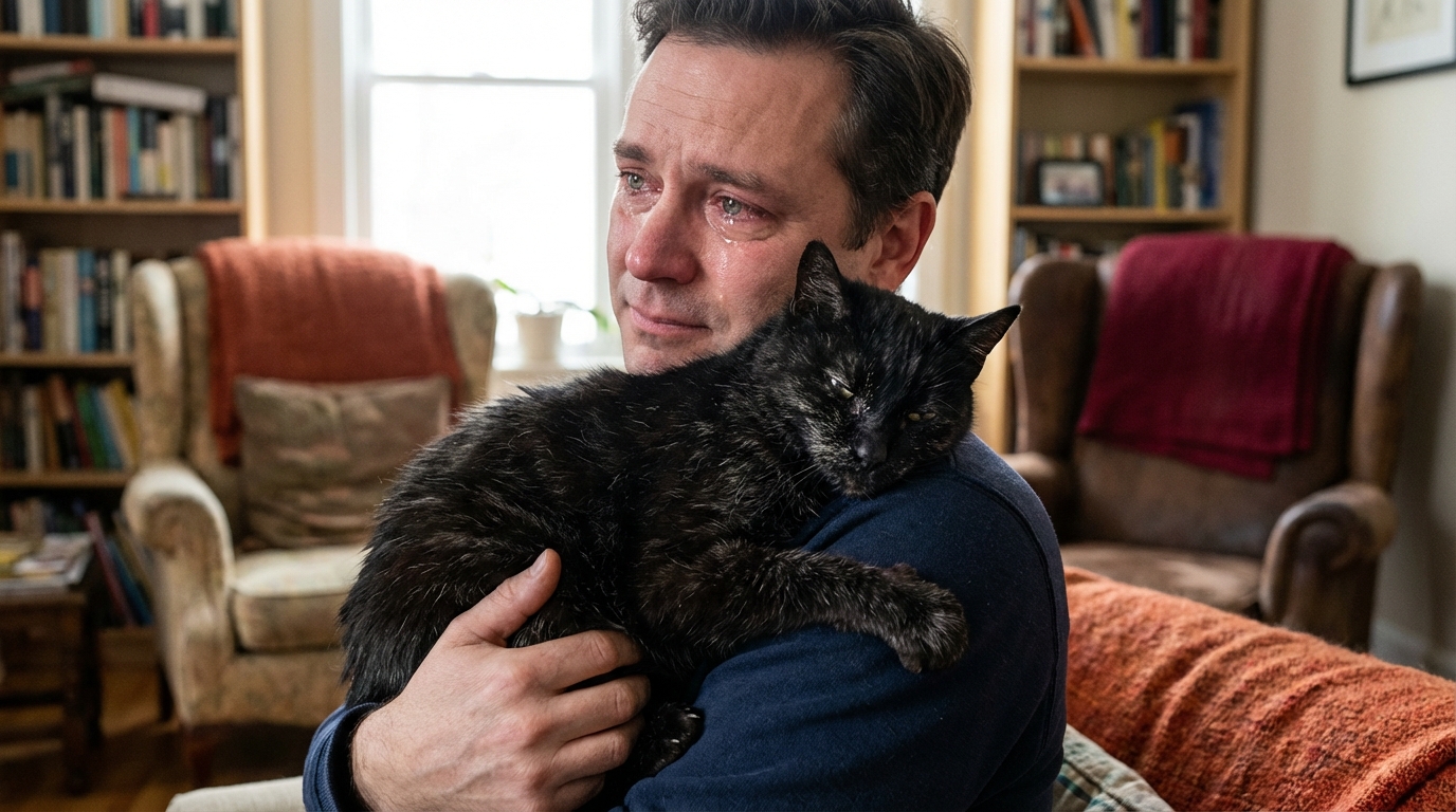 Jérôme, un homme ému, serre tendrement dans ses bras sa chatte noire Luna, qu'il vient de retrouver après 12 ans de séparation.