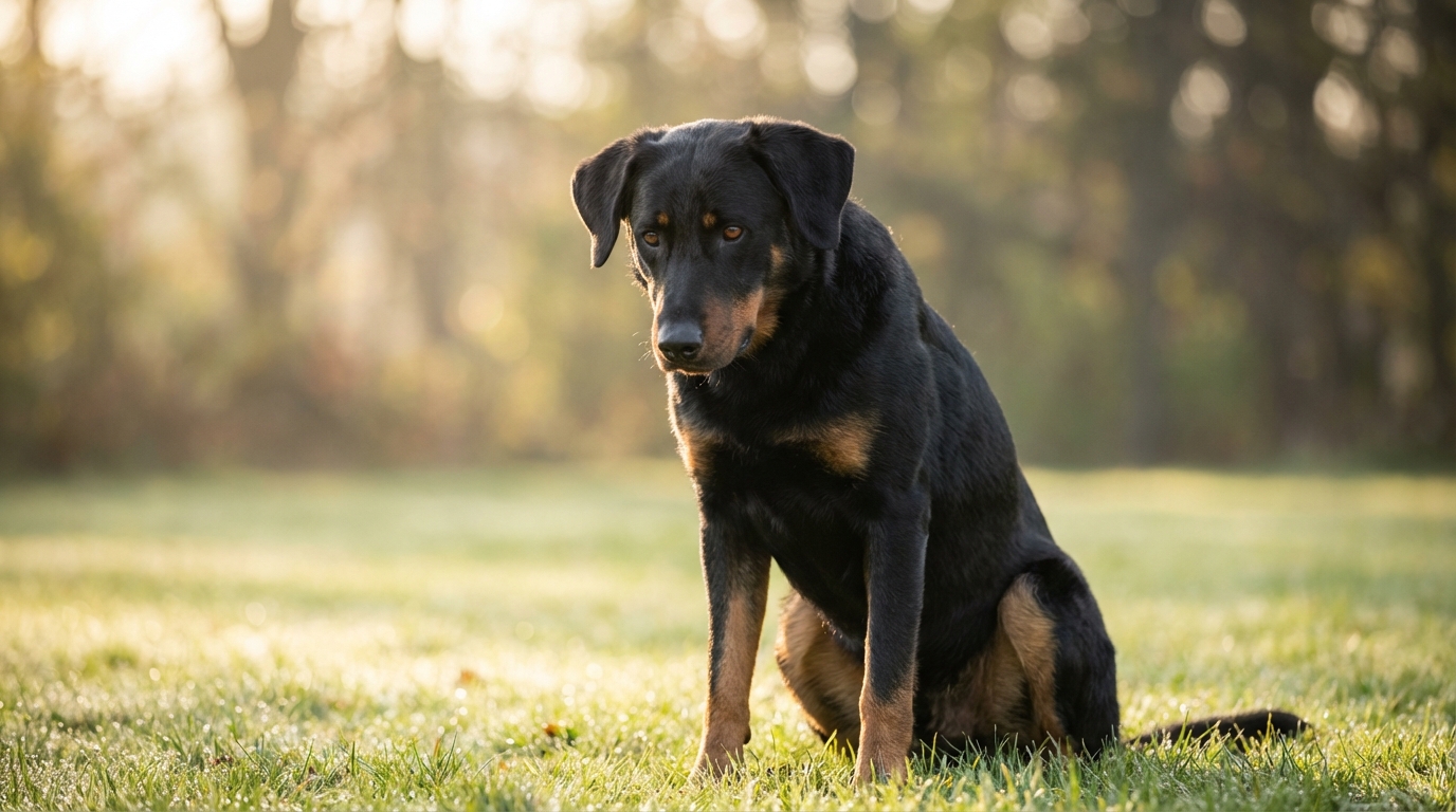 Roch, un magnifique chien de race Beauceron au regard doux, assis dans l'herbe au refuge, attendant une famille.