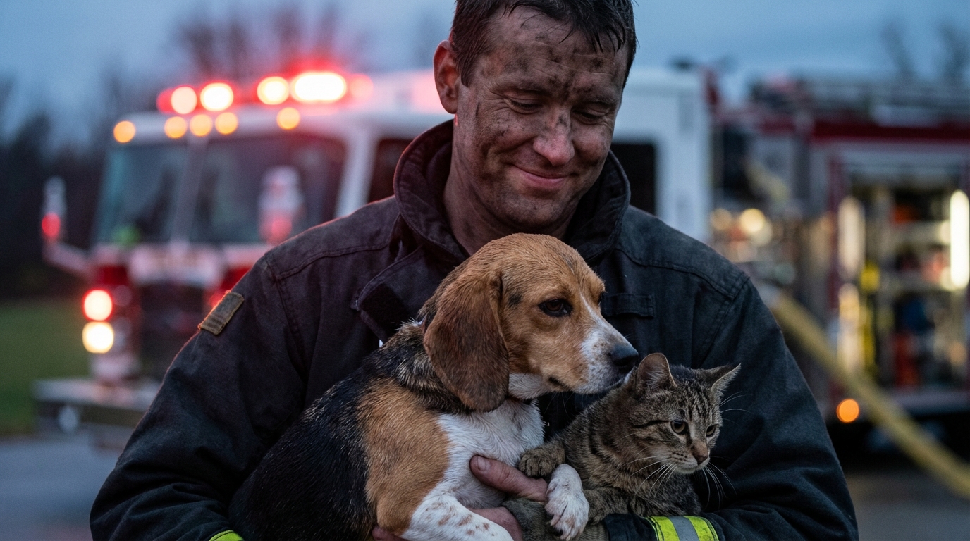 Un homme au visage déterminé sort d'une maison enfumée en tenant fermement un chien dans un bras et un chat blotti contre lui dans l'autre.