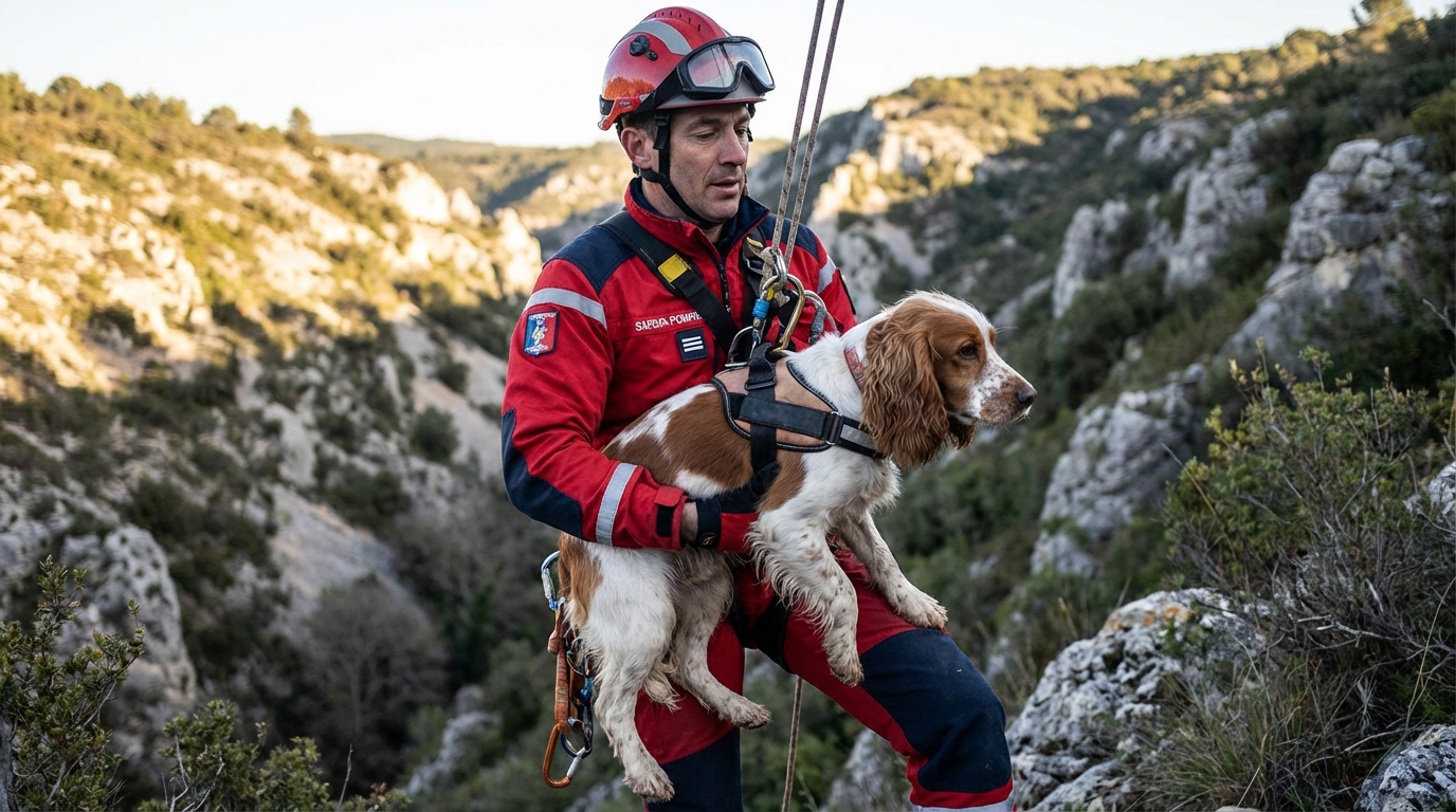 Un sauveteur en uniforme de pompier remonte un chien brun d'un ravin à l'aide de cordes, le réconfortant.