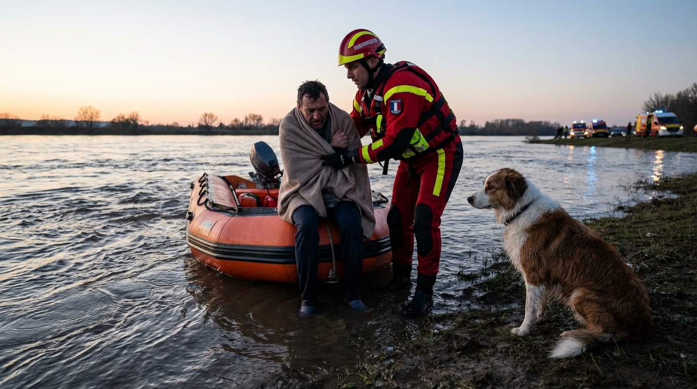 Un homme et son chien, trempés mais en sécurité, sur la berge d'une rivière après avoir été sauvés par les pompiers du courant.