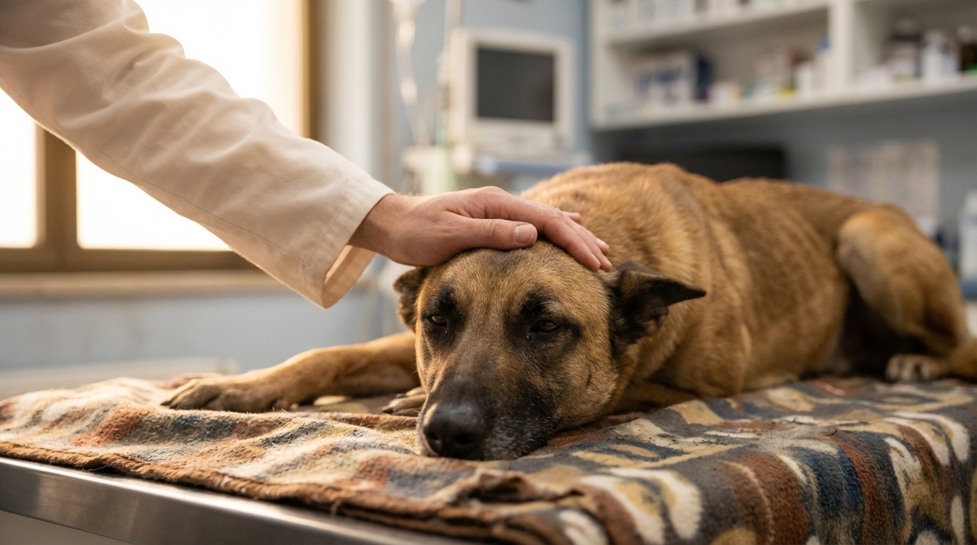 Un sauveteur au regard bienveillant caresse doucement un chien malinois émacié, couché sur une couverture, symbolisant l'espoir et la tragédie.
