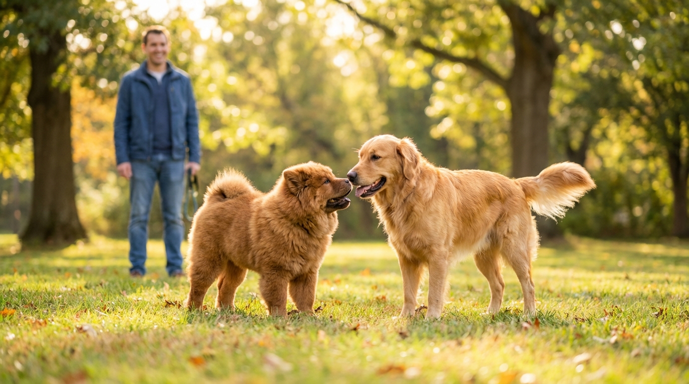 Chiot Chow Chow roux en pleine socialisation, interagissant calmement avec un autre chien dans un parc, favorisant un bon comportement.