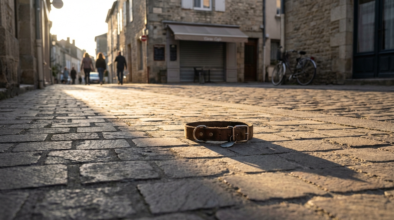 Un passant réconforte son chien, l'air triste, dans une rue de village, symbolisant la perte et le deuil d'un animal de compagnie.