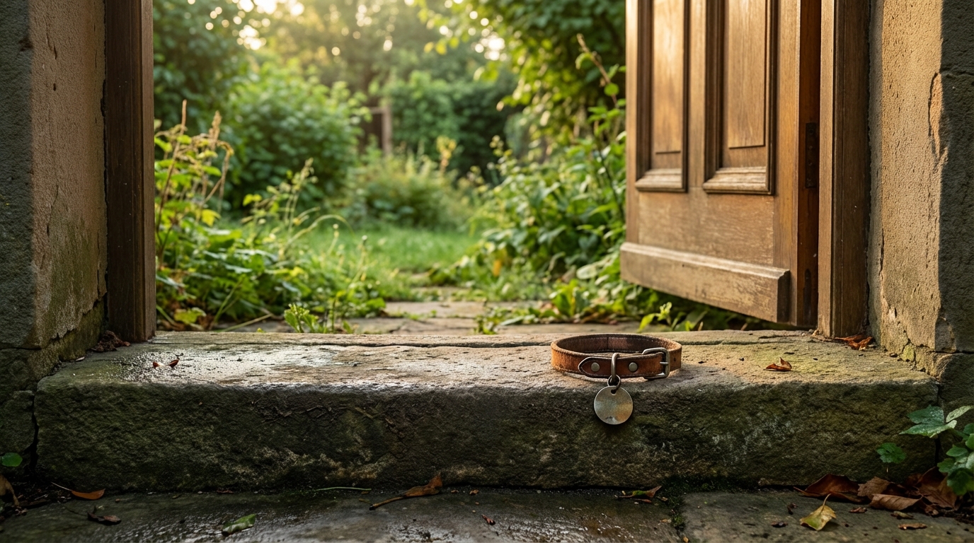 Un collier de petit chien vide posé sur l'herbe d'un jardin, symbolisant la perte et le deuil après une attaque tragique.