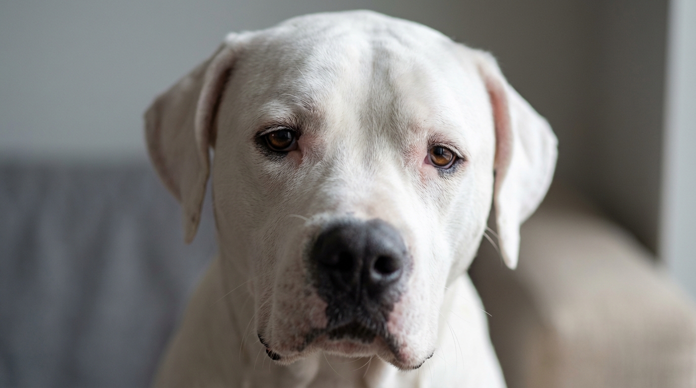 Gros plan sur un Dogue Argentin au regard triste et doux, symbolisant la mémoire de Tina, la chienne victime d'un acte de cruauté.