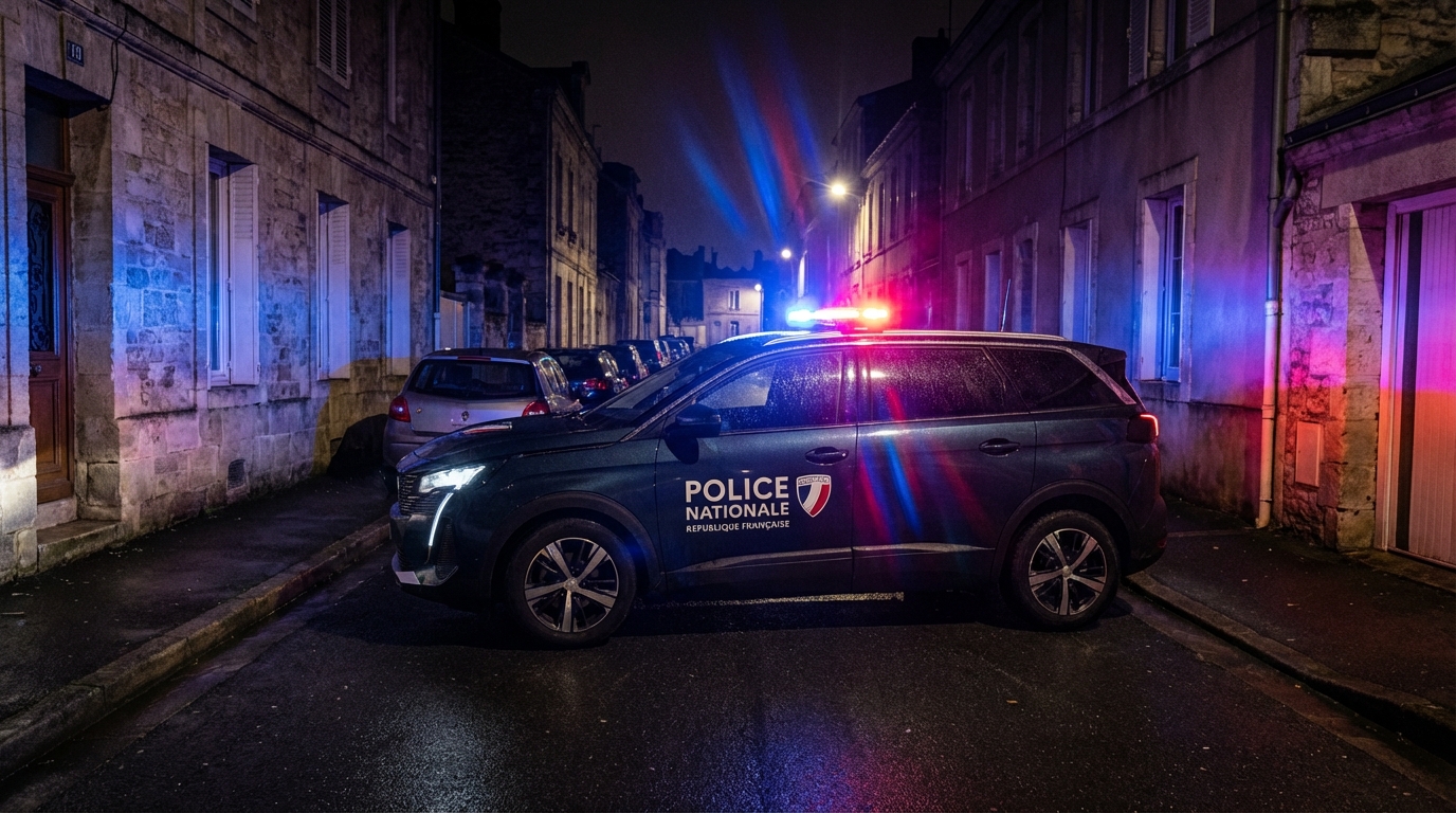 Un véhicule de la Police Nationale française stationné la nuit, avec ses gyrophares bleus et rouges allumés, lors d'une intervention.