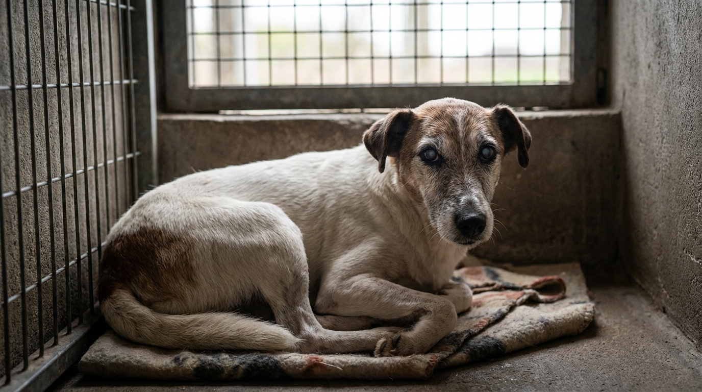 Un fox-terrier âgé au regard inquiet dans son box de refuge, illustrant l'histoire d'Angus, le chien volé à Poitiers.