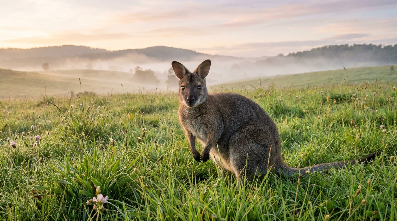 Un wallaby au regard doux dans un enclos verdoyant, symbolisant les victimes innocentes de l'attaque tragique au parc Happy Forest.