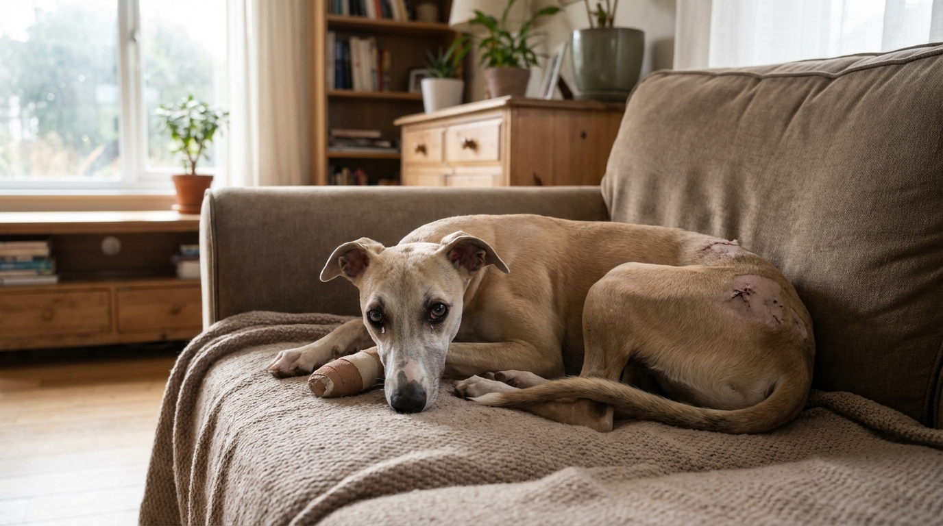 La chienne Willow, un lévrier whippet, se remettant de ses blessures sur un canapé, avec un regard doux et triste.