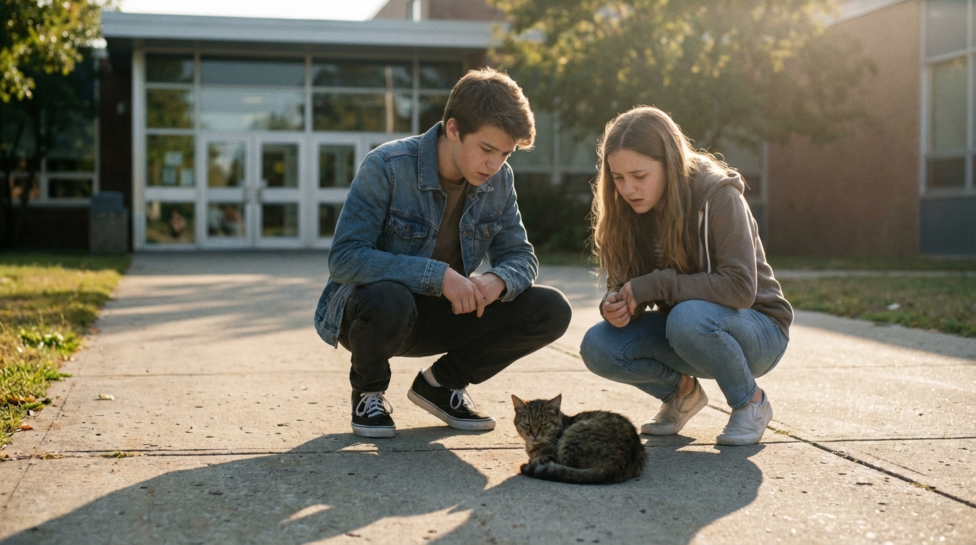 Deux jeunes adolescents, un garçon et une fille, accroupis sur un trottoir devant un collège, regardant avec inquiétude un petit chat blotti au sol.
