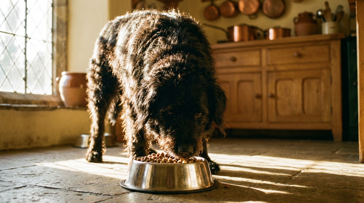 Un Berger Croate adulte mangeant sa ration de croquettes, illustrant la bonne alimentation pour cette race de chien de berger.