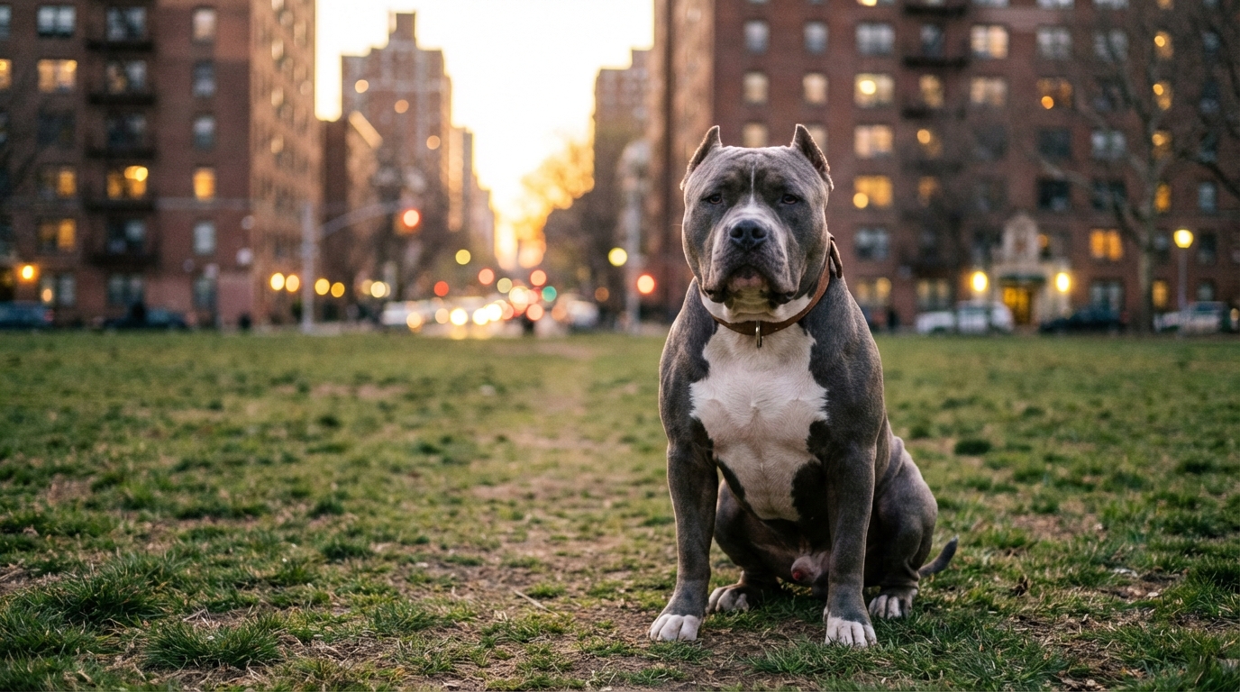 Un chien de race American Bully assis, regardant attentivement, illustrant la puissance et le besoin d'une éducation responsable.