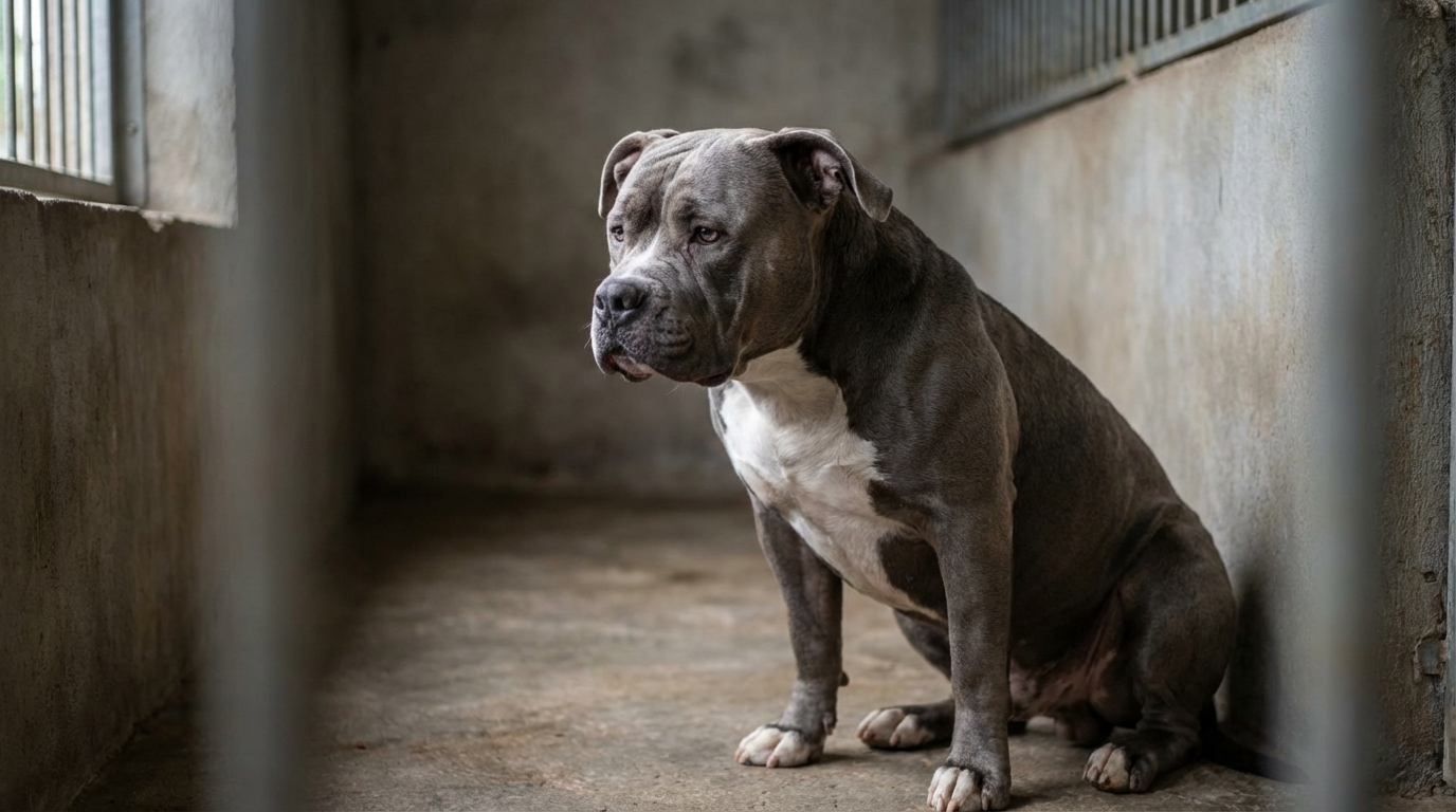 Un chien de type American Bully au pelage gris est assis dans un box de refuge, regardant la caméra avec une expression pensive.