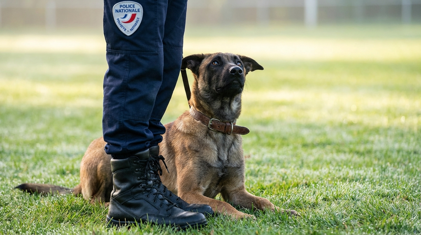 Le jeune chien Arko, au regard vif et attentif, assis sagement aux côtés d'un policier de la Police Nationale en uniforme.