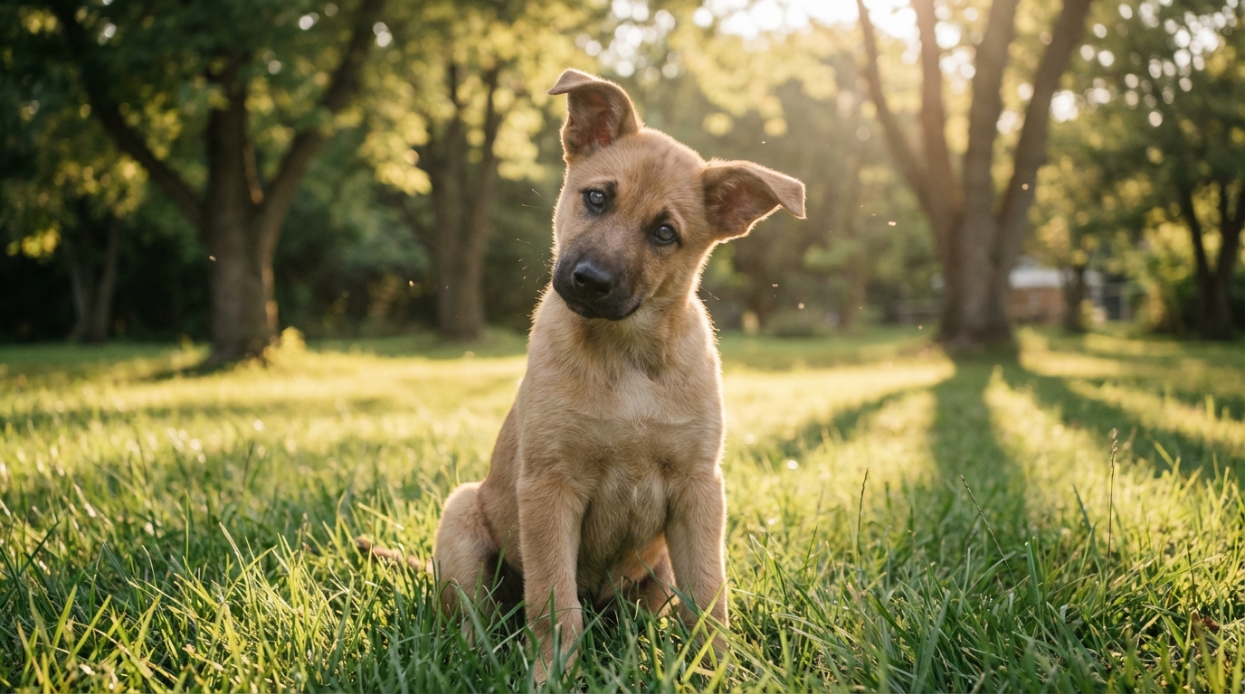 Bahia, un jeune chiot croisé malinois et berger australien de couleur fauve, assise attentivement dans un jardin verdoyant.