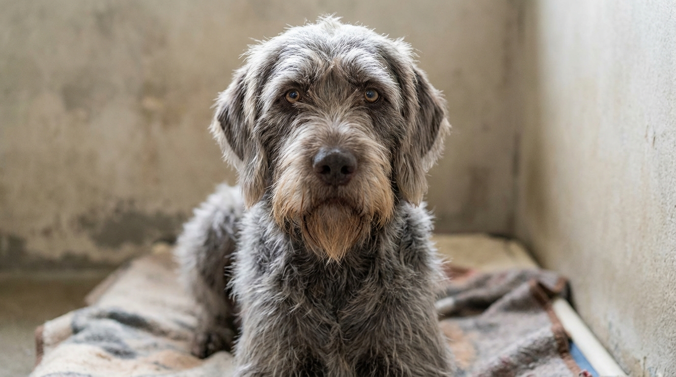 Barbiche, un adorable chien croisé Korthals de 7 ans au poil grisonnant, regarde avec espoir, attendant une famille.